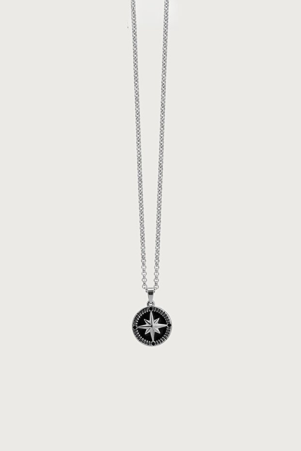 Men's Compass Star Steel Necklace Silver