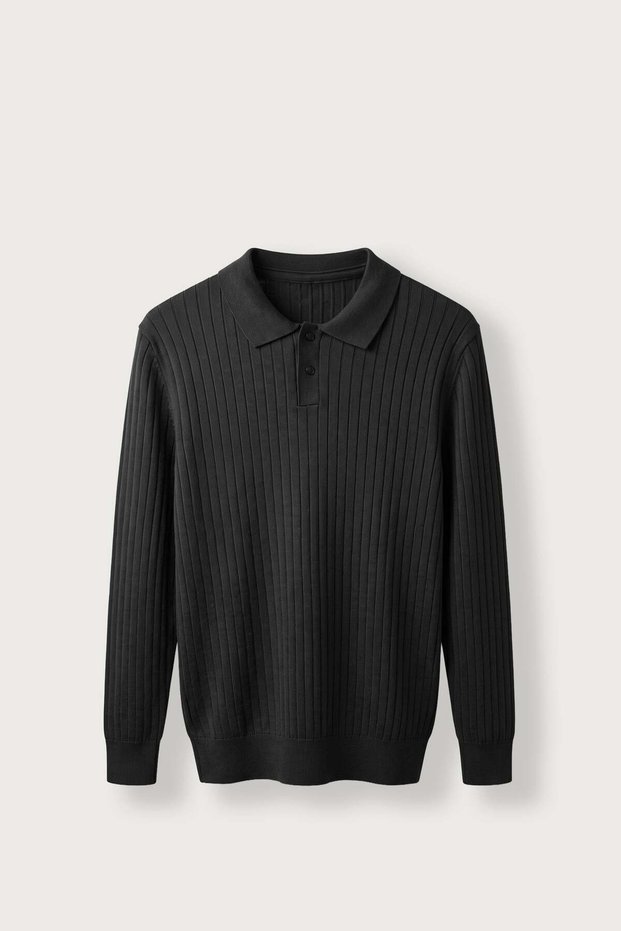 Men's Slim Fit Ribbed Buttoned Polo Collar Knit Sweater Black