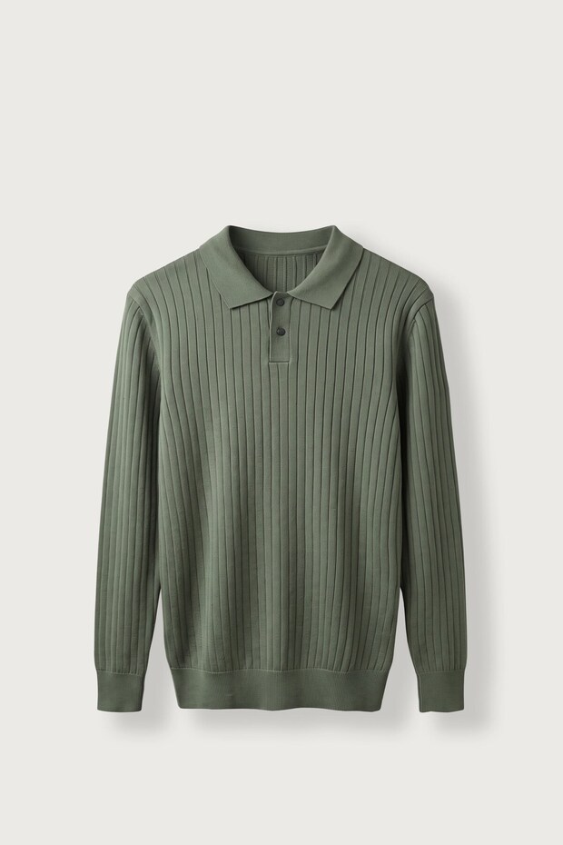 Men's Slim Fit Ribbed Buttoned Polo Collar Knitwear Sweater Khaki