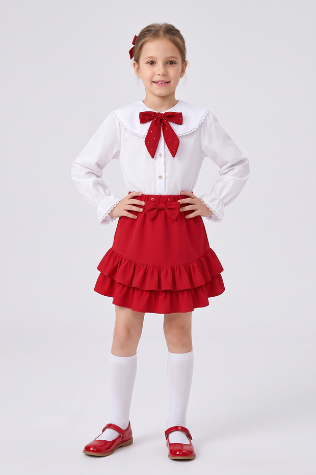 Girl's Red Scarf Polka Dot Doll Collar White Long Sleeve Shirt Red Double Ruffle Skirt October 29 April 23 Show Outfits
