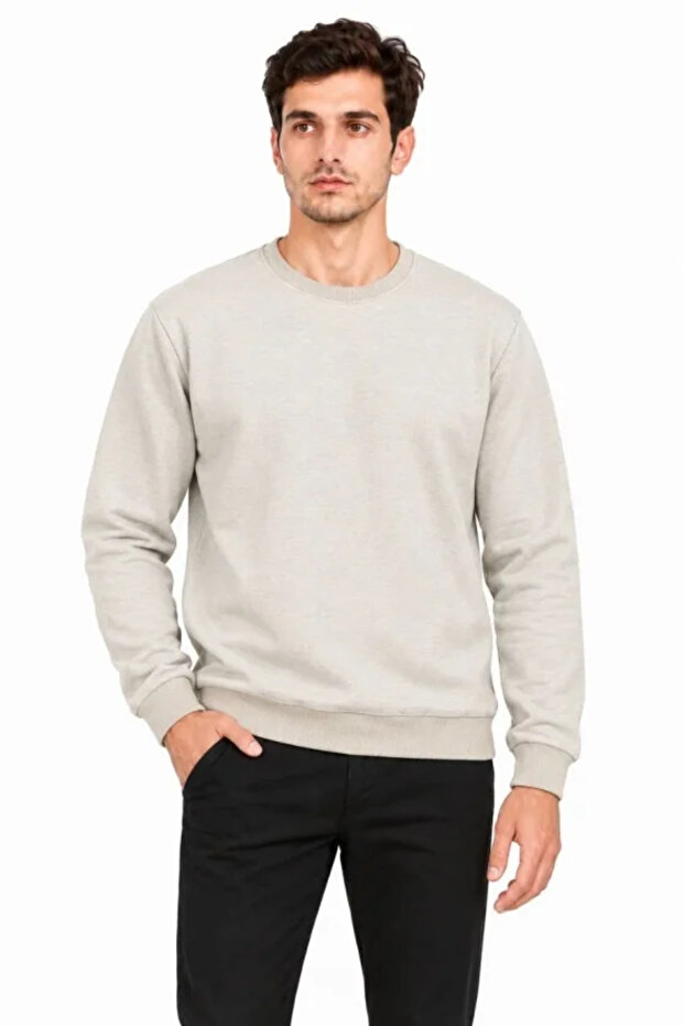 Men's Crew Neck 2 Thread Plain Long Sleeve Regular Fit Sweatshirt - Gray
