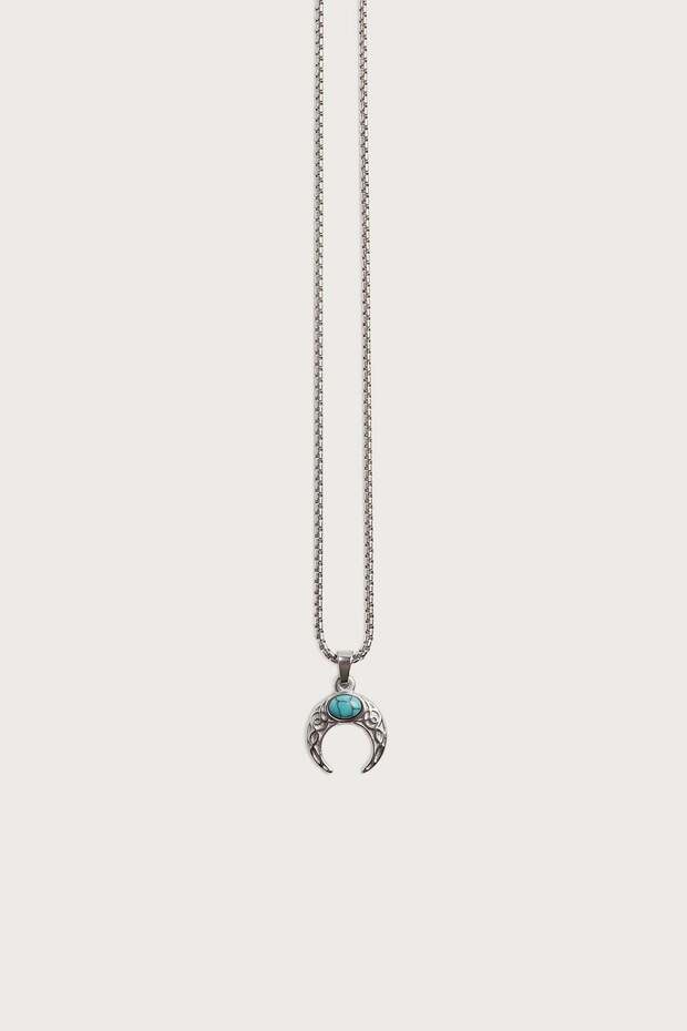 Unisex Crescent Figured Stone Steel Necklace Turquoise