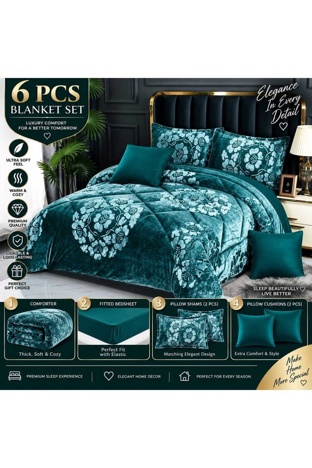 6-Piece Velvet Quilted Comforter Set – European Style Jacquard Bedspread with Bed Sheet & Pillowcases – Soft, Warm, Elegant Bedding Set – King Size