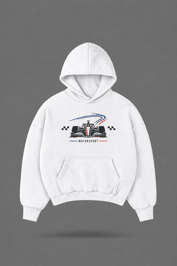 سويت شيرت أبيض بقلنسوة مطبوع من الأمام والخلف من Oversize Motorsport
