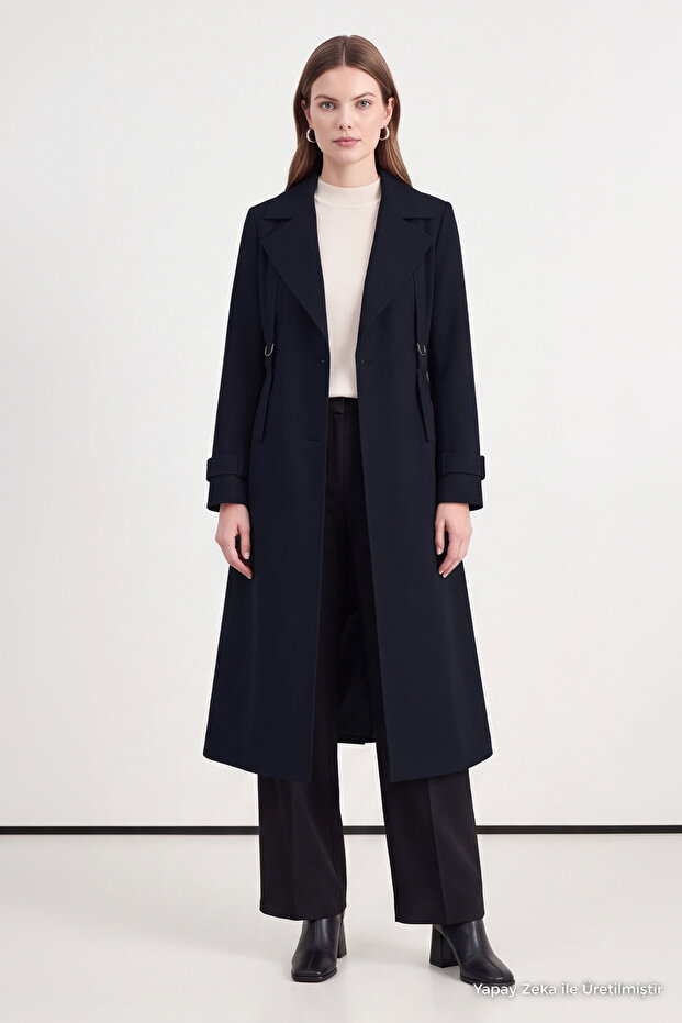 Double-Breasted Collar Epaulet Detailed Belted Navy Blue Trench Coat 13758
