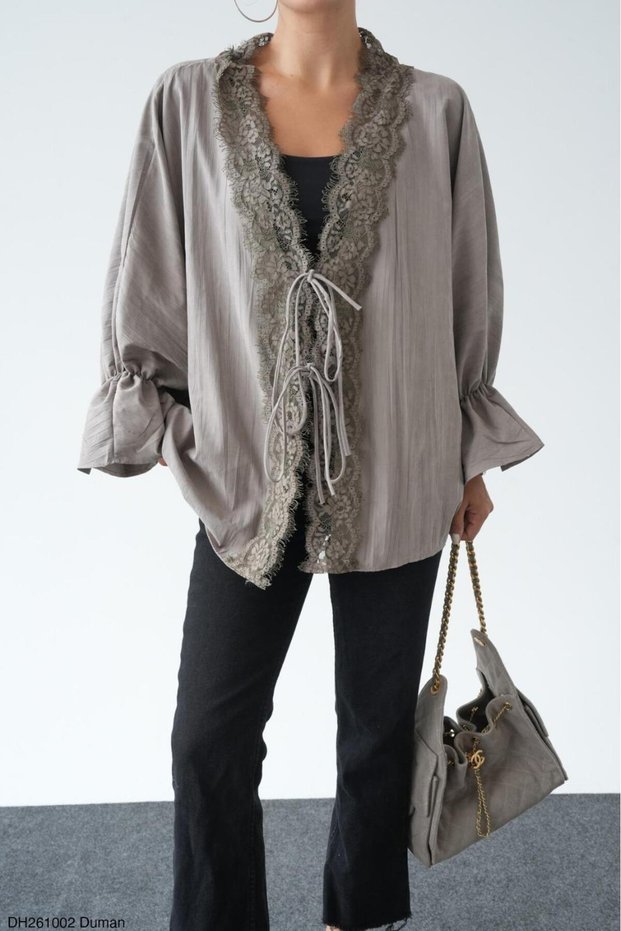 Women's Lace Detailed Cardigan with Ties