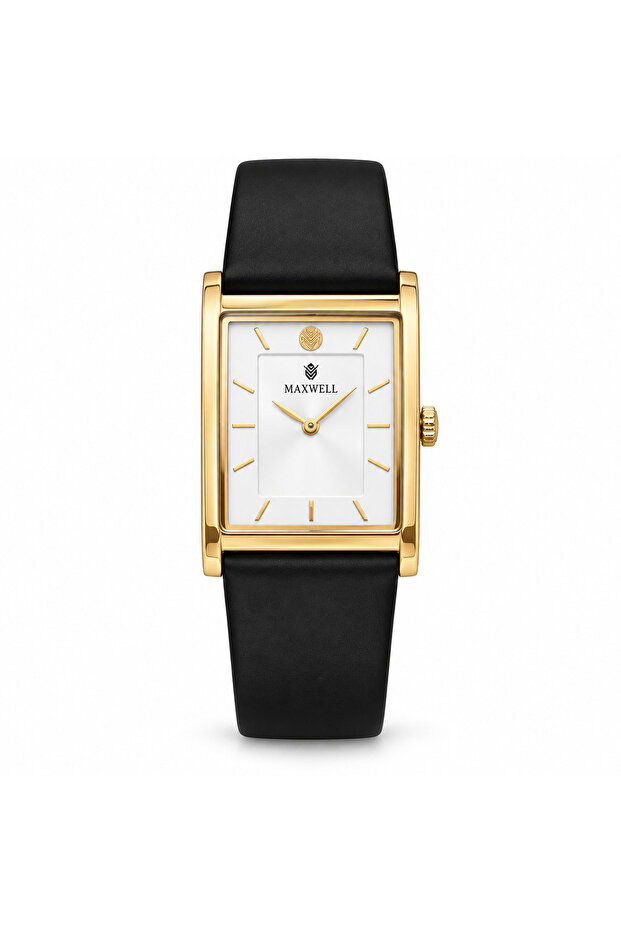 ساعة يد رجالية مستطيلة ذهبية بمينا بيضاء وسوار أسود Men's Rectangular Gold-Tone Watch with White Dial and Black Strap