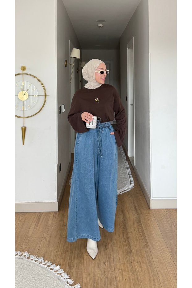 Women's Oversize Skirt Pants with Elastic Waist, Tie-Up Detail, Side and Back Pockets