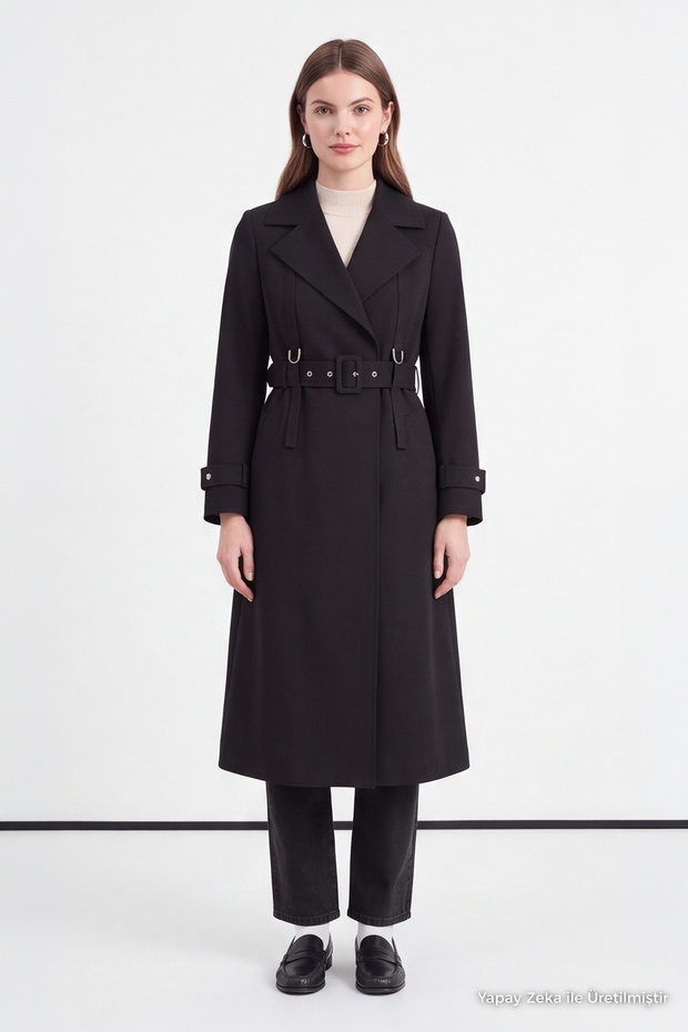 Double Breasted Collar Epaulet Detailed Belted Black Trench Coat 13758