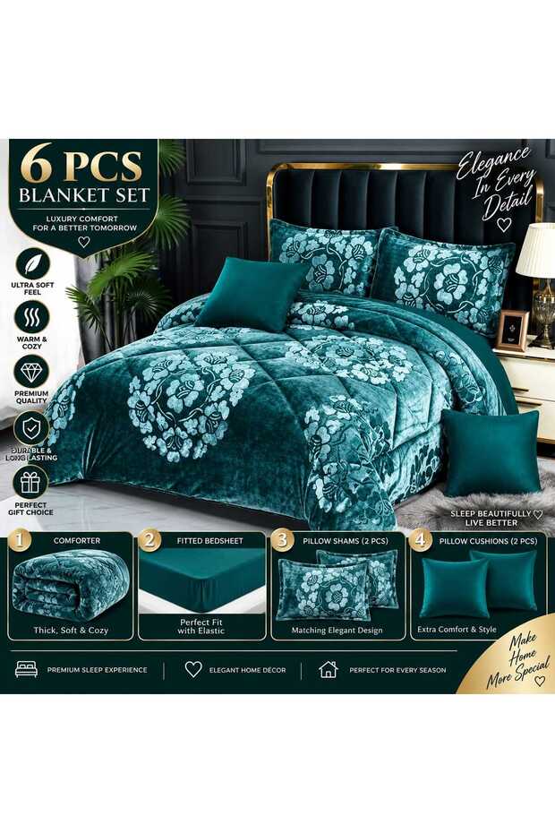 Velvet Winter faux fur Comforter Set 6 Pcs, fitted bedsheet and fixed duvet King Size
