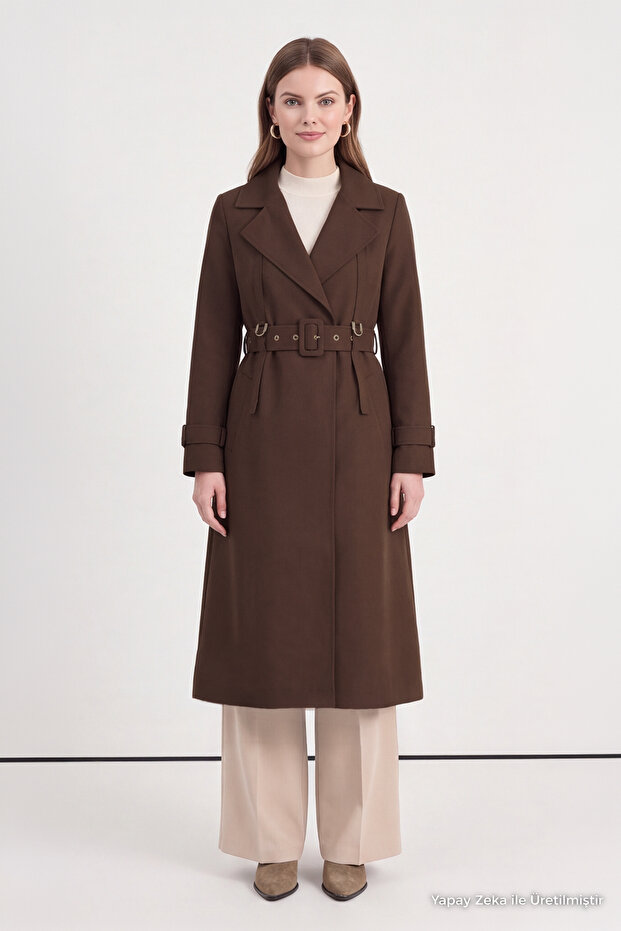 Double-Breasted Brown Trench Coat with Lapel Epaulet Detail and Belt 13758