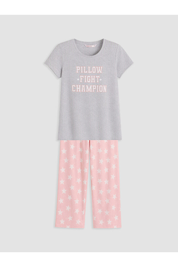 Vizyon New Season Pink Crew Neck Printed Women's Pajama Set