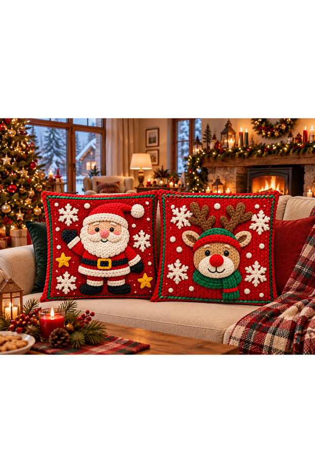 Christmas Joy New Year Santa Claus Deer Snowflake Patterned Red Decorative Set of 2 Throw Pillow Covers