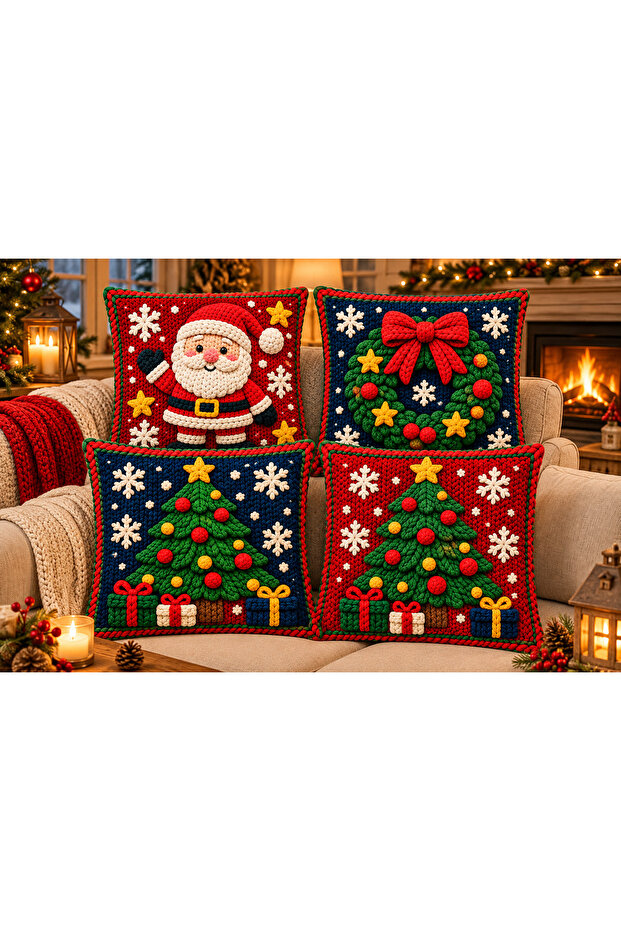 Santa Claus Deer Pine Tree Wreath Patterned Digital Printed Set of 4 Christmas Throw Pillow Covers