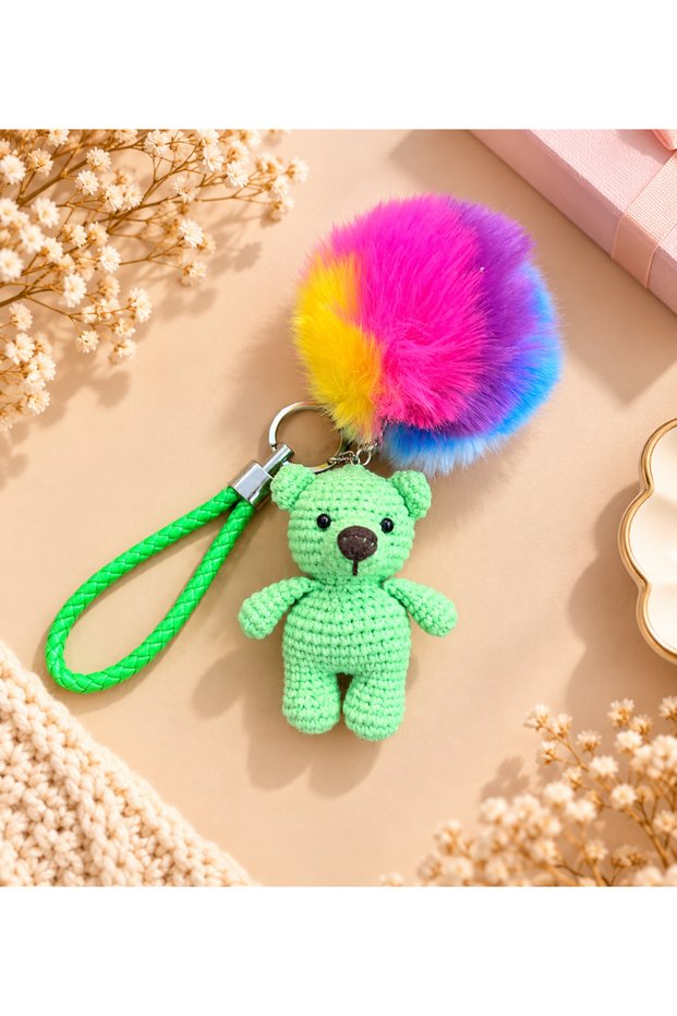 Handmade Amigurumi Teddy Bear Keychain with Pompom Bag Accessory