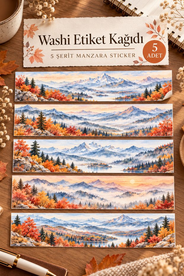 5 Pcs Large Landscape Washi Sticker Semi-Transparent Bullet Journal Scrapbook Laptop Agenda