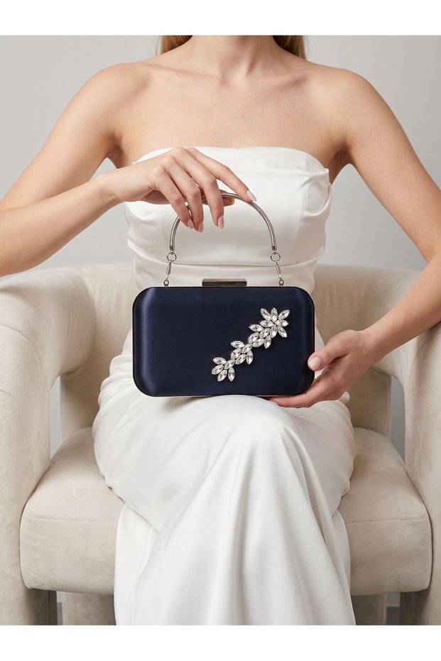 Navy Blue Satin Silver Metal Detailed Crystal Stone Embroidered Chain Strap Women's Evening Dress Bag Wedding Engagement Graduation