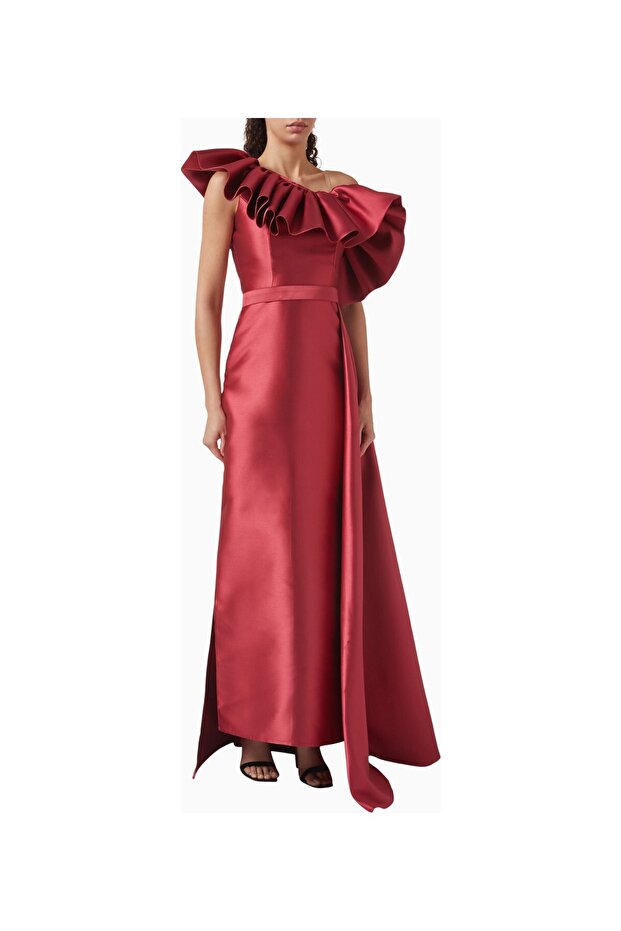 One-Shoulder Ruffle Gown One-Shoulder Flared Red Women's Dress