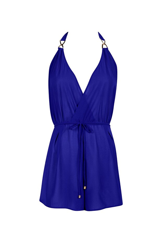 Beach Walk Teddy Jumpsuit, Deep Neckline, Gold Detail, Elegant Design