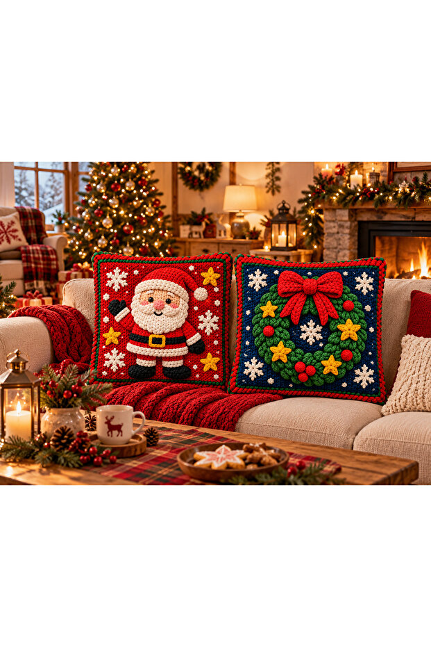Christmas Sparkle 3D Knitted Look Decorative Set of 2 Throw Pillow Covers with Santa Claus and Wreath Pattern