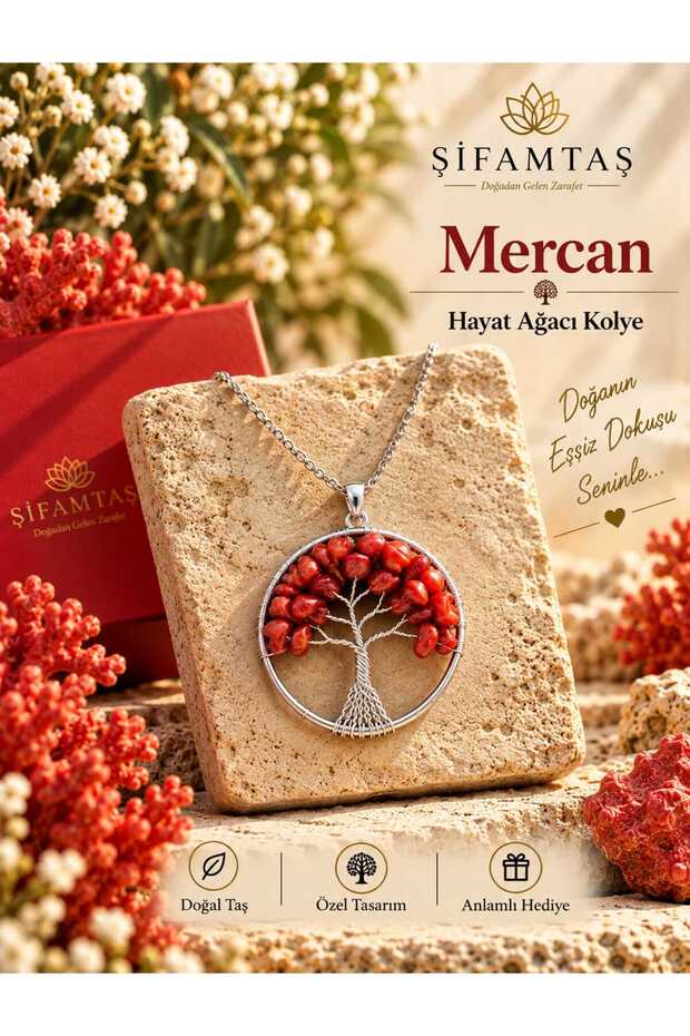 Coral Natural Stone Tree of Life Necklace