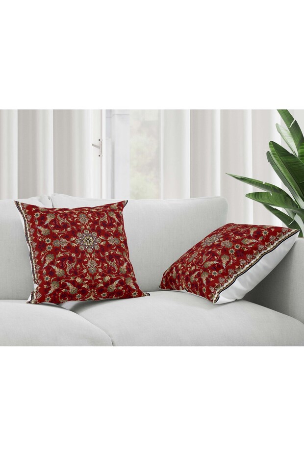 Iranian Kilim Patterned Red Cream Color Digital Printed Gift Set of 2 Throw Pillow Covers