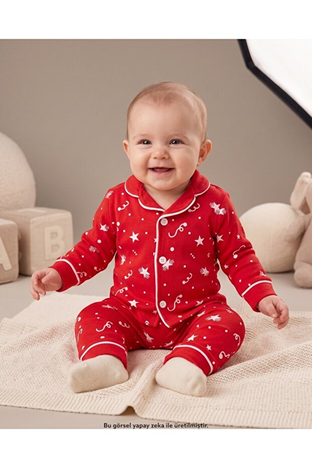 Star Printed 6-9-12-18-24 Months Double Breasted Collar Cotton Pajama Set for Boys and Girls Babies