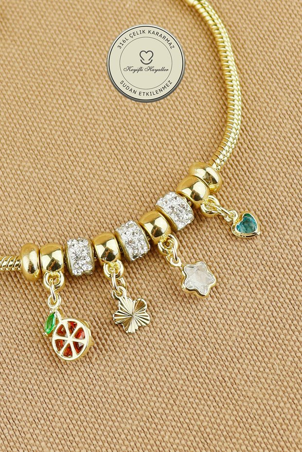Gold Steel Snake Chain Bracelet – Flower and Heart Motifs, Green Stone Detail (16+5 cm)
