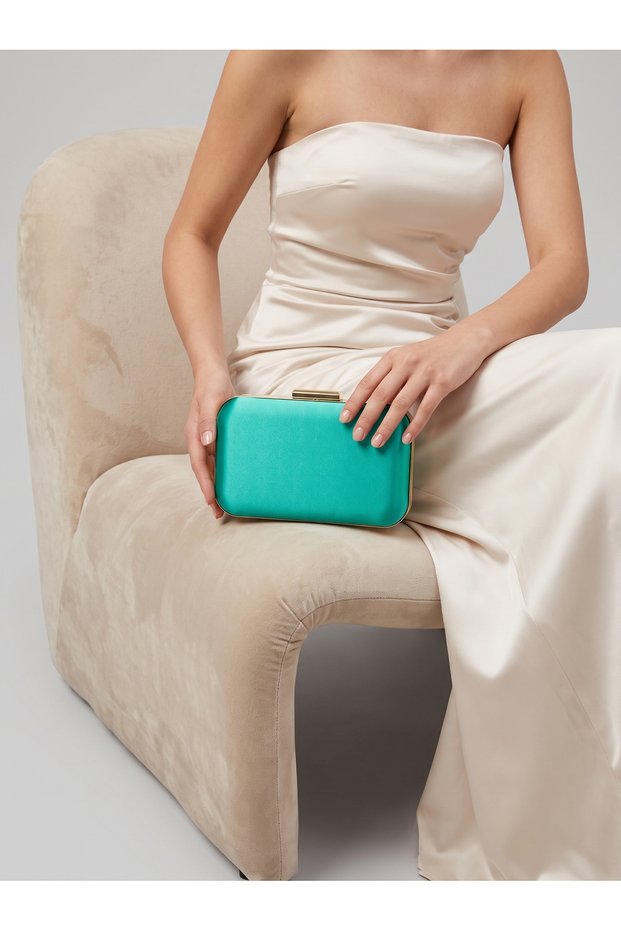 Green Satin Silver Metal Detailed Crystal Stone Embroidered Chain Strap Women's Evening Dress Bag Wedding Engagement Graduation