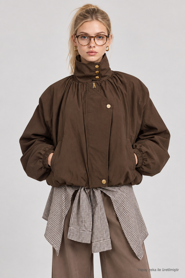 High Collar Oversize Parachute Jacket Lby0089 Brown