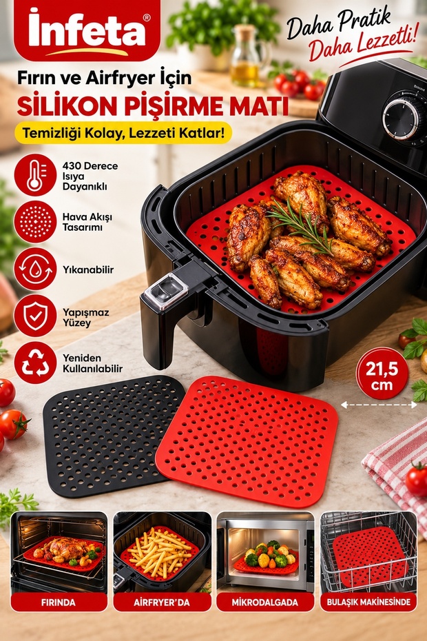 21.5 cm Silicone Airfryer Baking Mat Heat Resistant Washable Non-Stick Perforated Square
