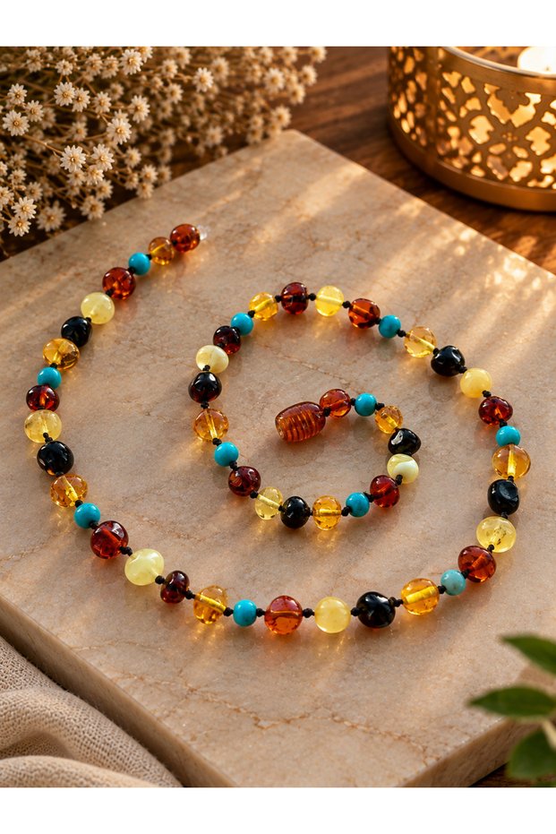 Certified Original Drop Amber Baby-Child Necklace and Adult Turquoise Bracelet