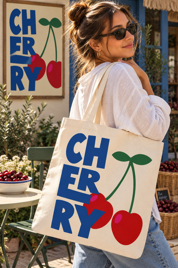 Red Cerry Printed - Raw Fabric Shoulder Bag