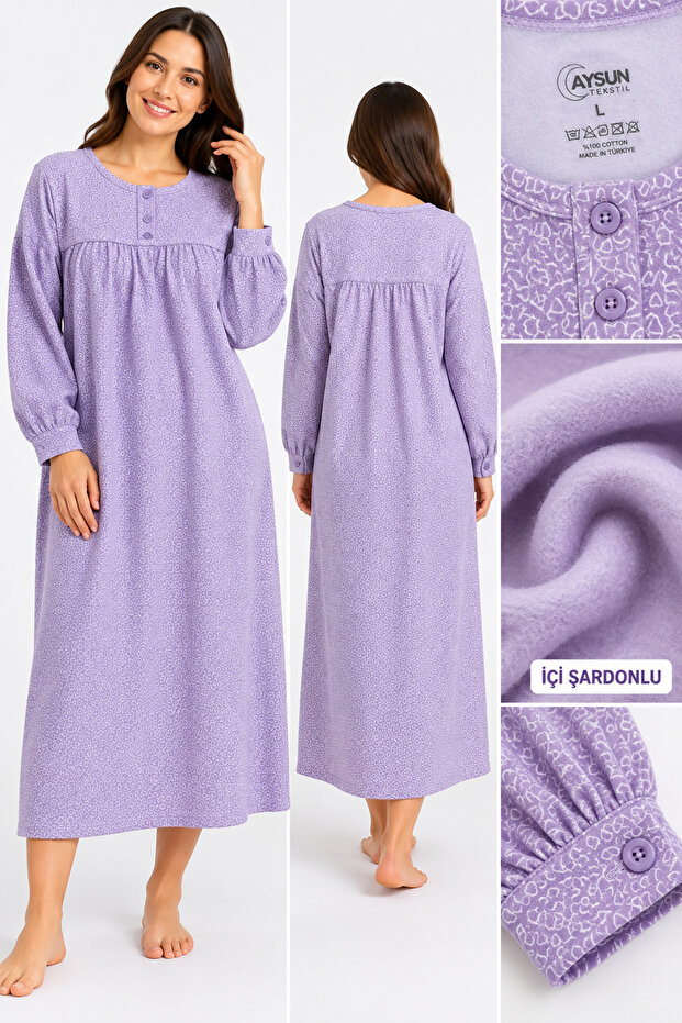 Large Size Long Sleeve Inner Layered Women's (Mom's) Nightgown with Heart Pattern and Buttoned Sleeve Cuffs, a Winter Product, 100% Cotton.