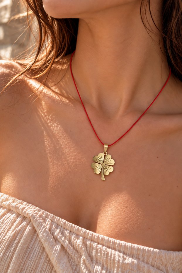 Red String Adjustable Necklace with Four-Leaf Clover Figure