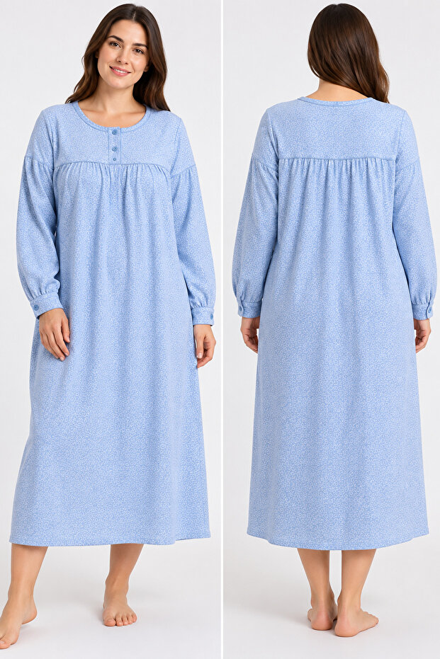 Large Size Long Sleeve Inner Layered Women's (Mom's) Nightgown with Heart Pattern and Buttoned Sleeve Cuffs, a Winter Product, 100% Cotton.