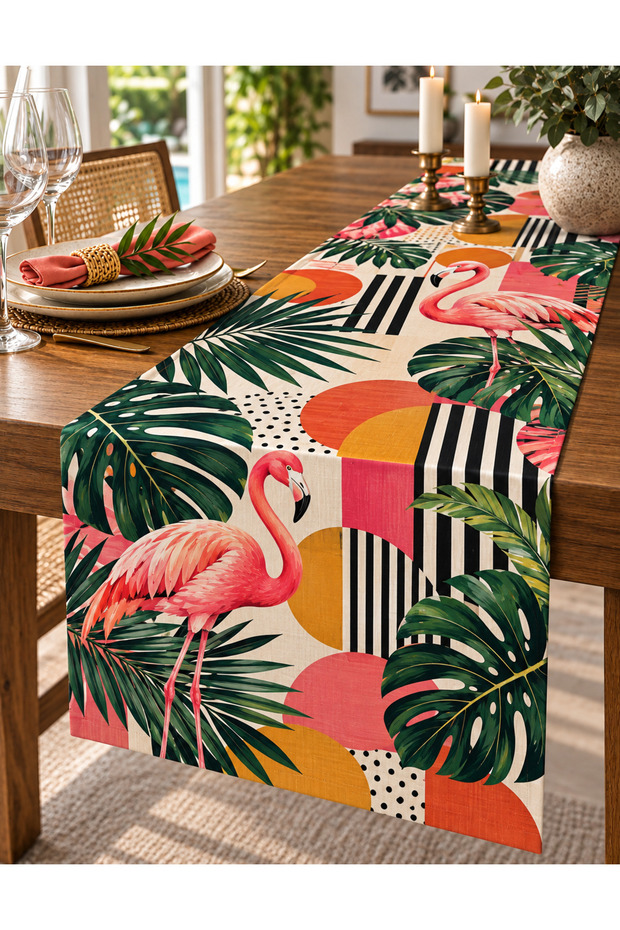 Tropical Flamingo Patterned Runner – 40X140 cm Digital Printed, Suede Fabric