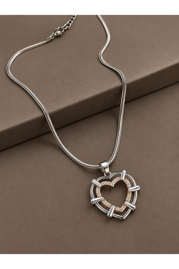 316L Steel Silver Color Italian Chain Mix Color Zircon Stone Detail Heart Model Women's Necklace