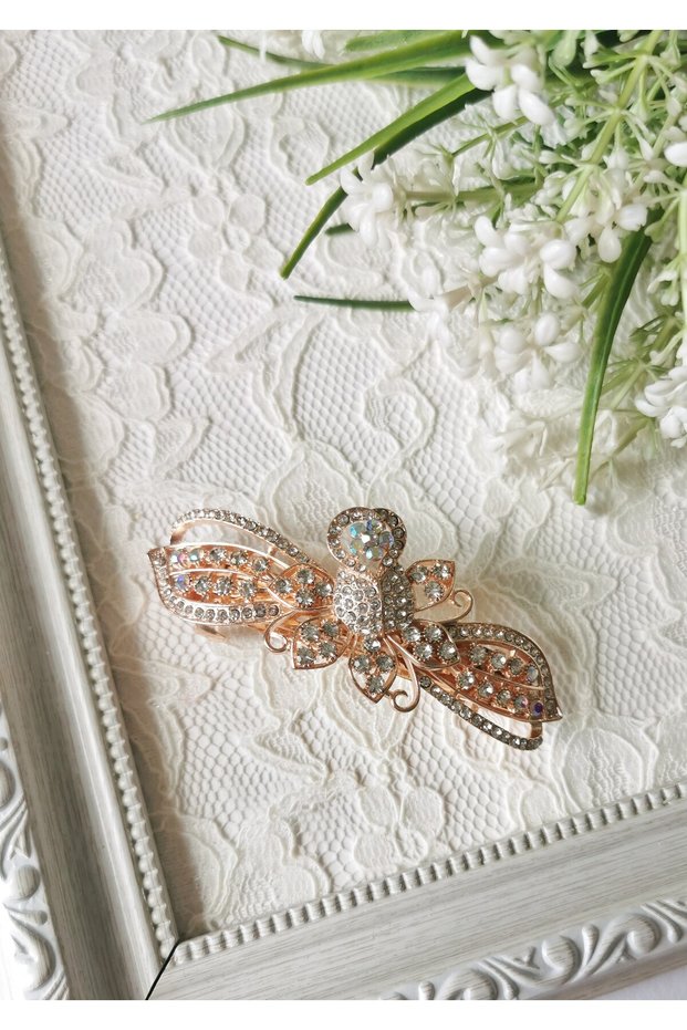 White Stone Flower and Bow Detailed Automatic Buckle 8.5X3.5 cm Rose