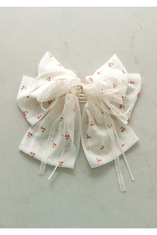 Cherry Patterned Lace Large Bowknot Buckle Cream Color