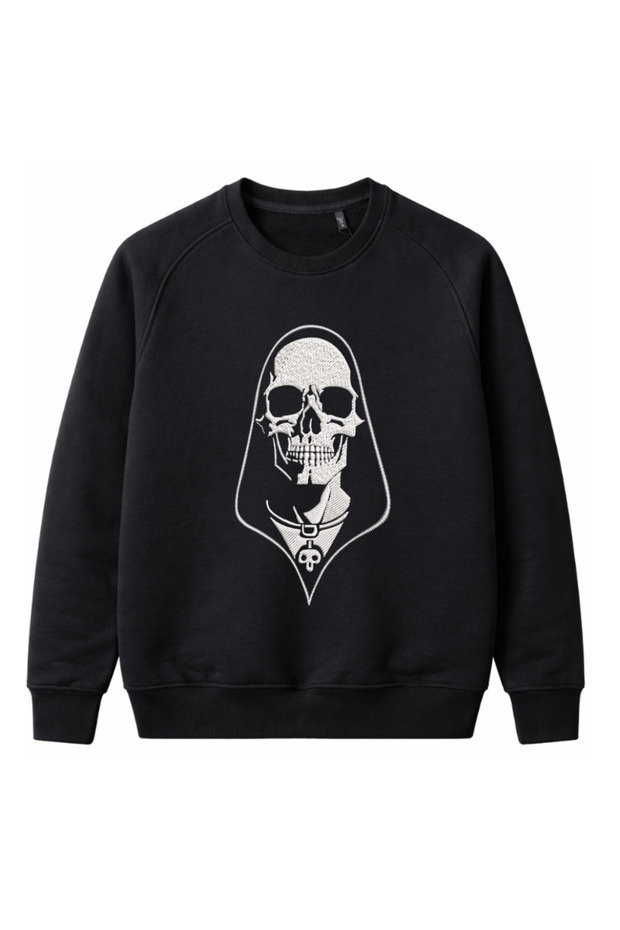 Embroidered Black Plain Sweatshirt Crew Neck Unisex Ribbed Sleeves and Hem Casual Sweatshirt