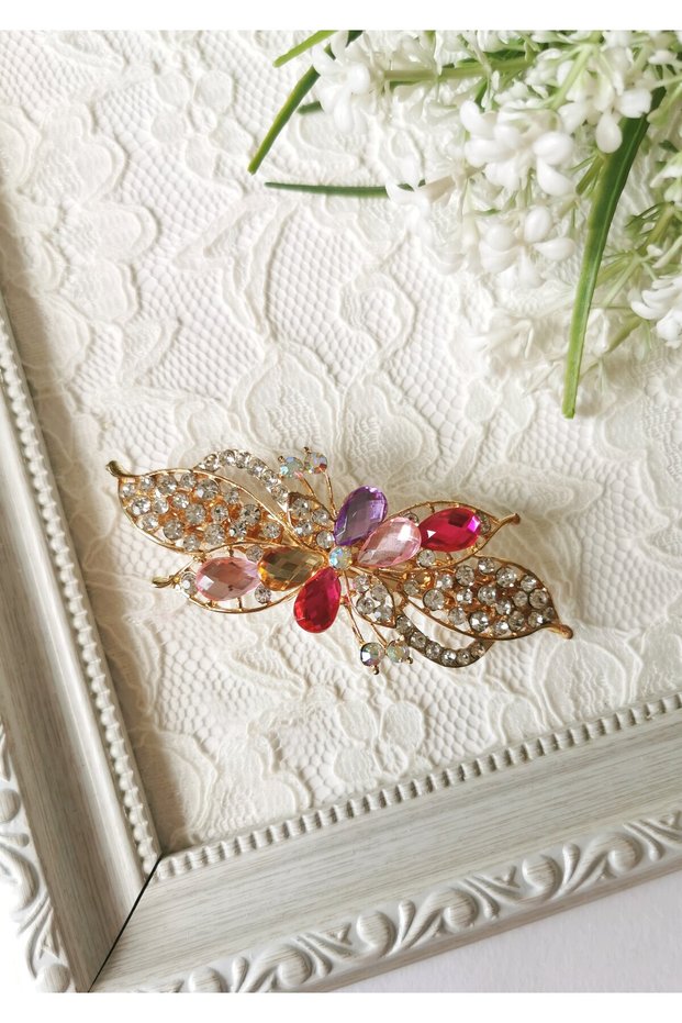 Colorful Stone Sparkling Flower and Leaf Detailed Automatic Clasp 9.5X3.5 cm Gold