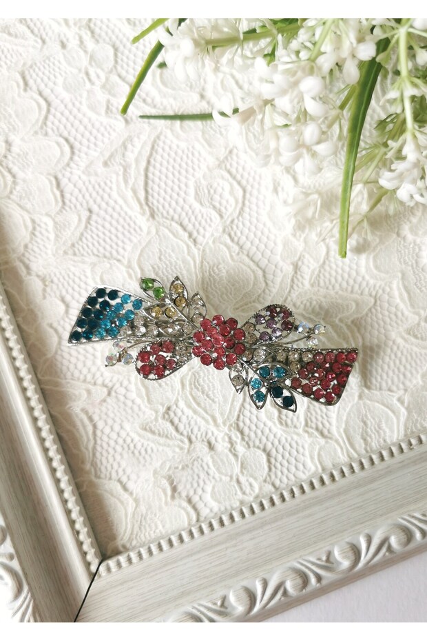 Colorful Stone Flower and Bow Detailed Automatic Buckle 8.5X3 cm Silver