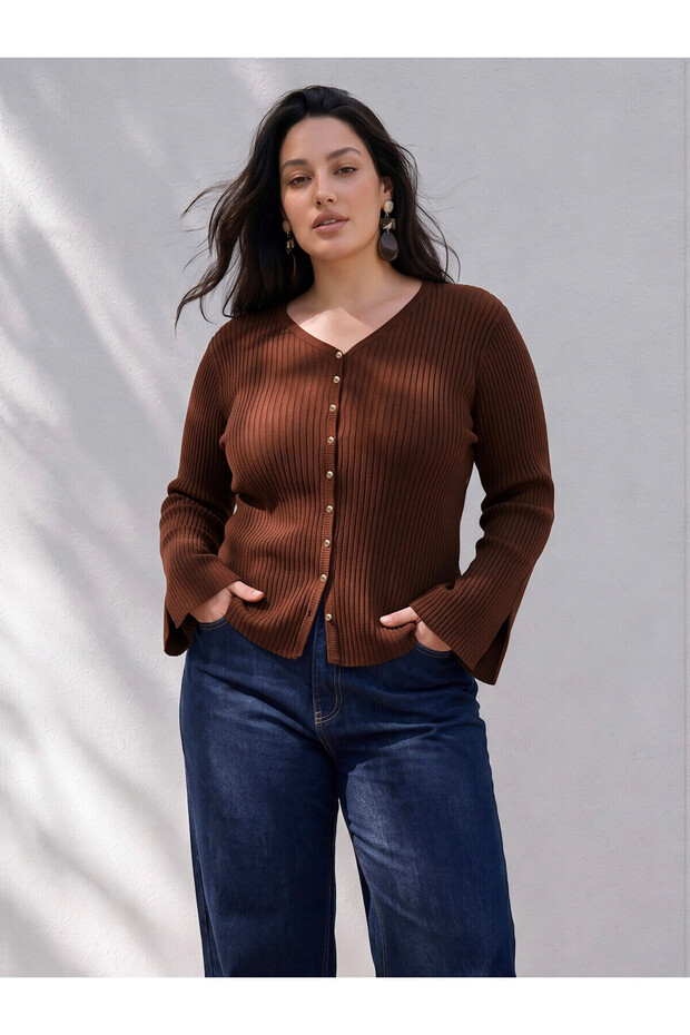 Alita City Lcw Curve Brown Knitwear Plain Women's Cardigan with a Difference