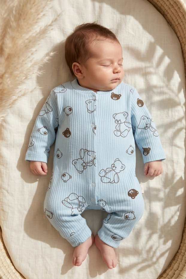 Blue Bear Patterned Fabric 100% Cotton Baby Boy Romper 3-6-9 Months
