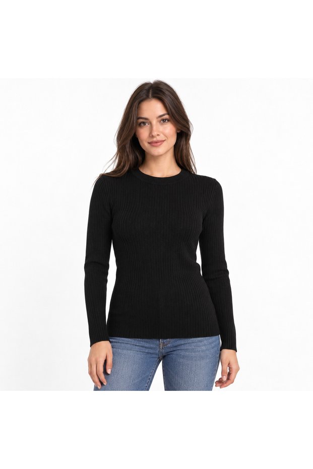Women's Black Crew Neck Soft Textured Basic Knitwear Sweater