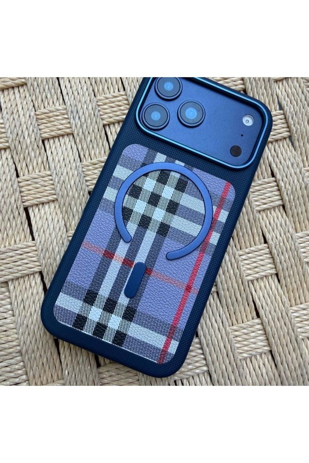 iPhone 15 Pro Compatible Navy Blue Armor Premium Case with Magsafe Feature and Plaid Pattern