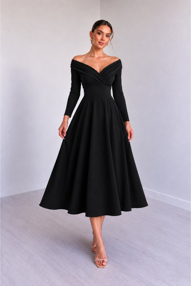 Women's Long Sleeve Double Breasted Collar Waist-Fitted Long Crepe Fabric Evening Dress | | Special Day-Wedding-Invitation