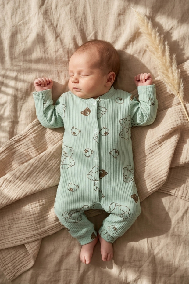 Green Bear Patterned Fabric 100% Cotton Baby Boy Romper 3-6-9 Months