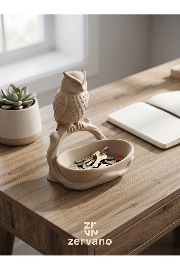 Decorative Key Holder and Coin Organizer with Owl Figure - Desktop Organizer - 3D Printing